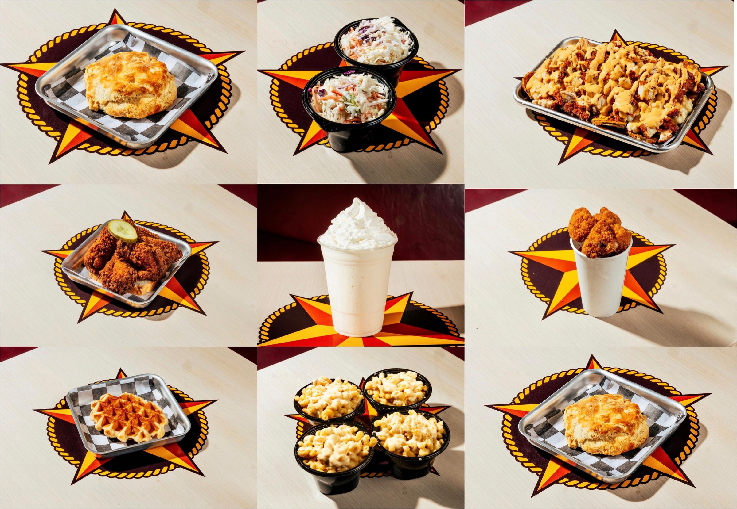 Hotbirds Nashville hot chicken biscuit sandwiches, tenders, loaded fries, chicken & waffles, mac & cheese, nuggets, coleslaw and milkshakes